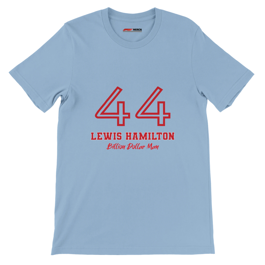 f111 merch light-blue color t-shirt1 with lewis-hamilton branding.