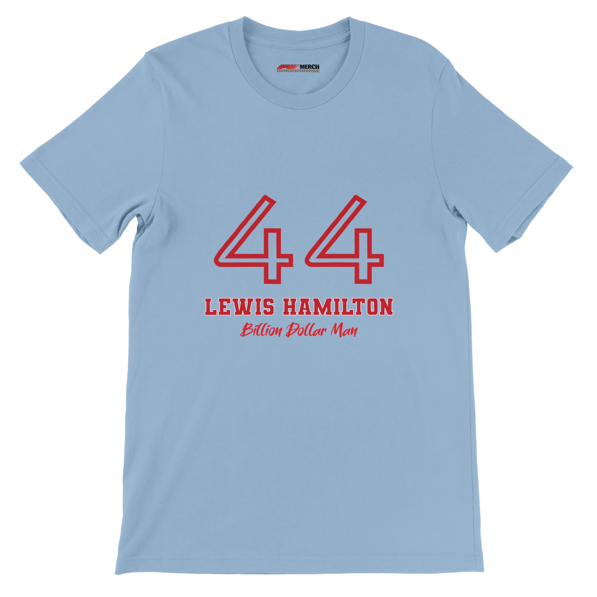 f111 merch light-blue color t-shirt1 with lewis-hamilton branding.