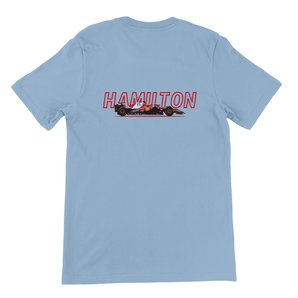 f111 merch light-blue color t-shirt1 with lewis-hamilton branding.