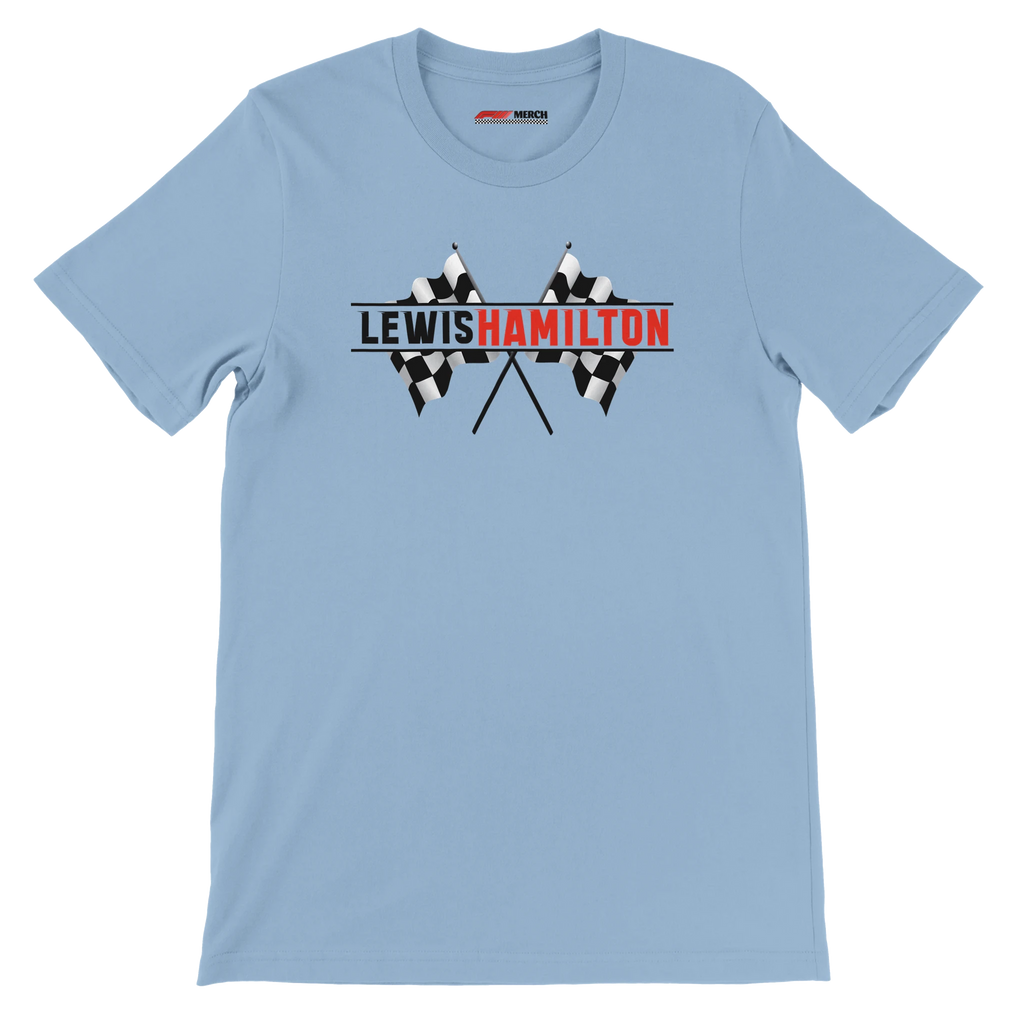 f111 merch light-blue color t-shirt1 with lewis-hamilton branding.