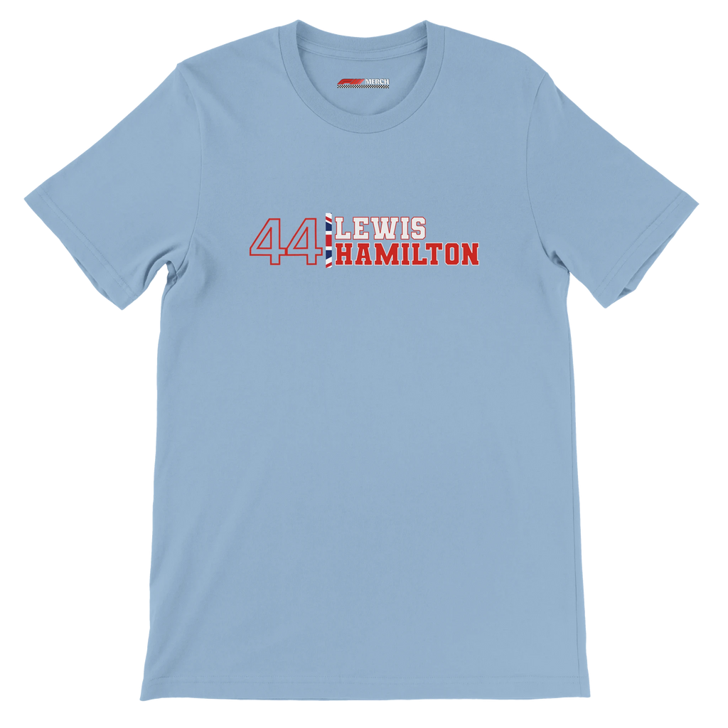 f111 merch light-blue color t-shirt1 with lewis-hamilton branding.