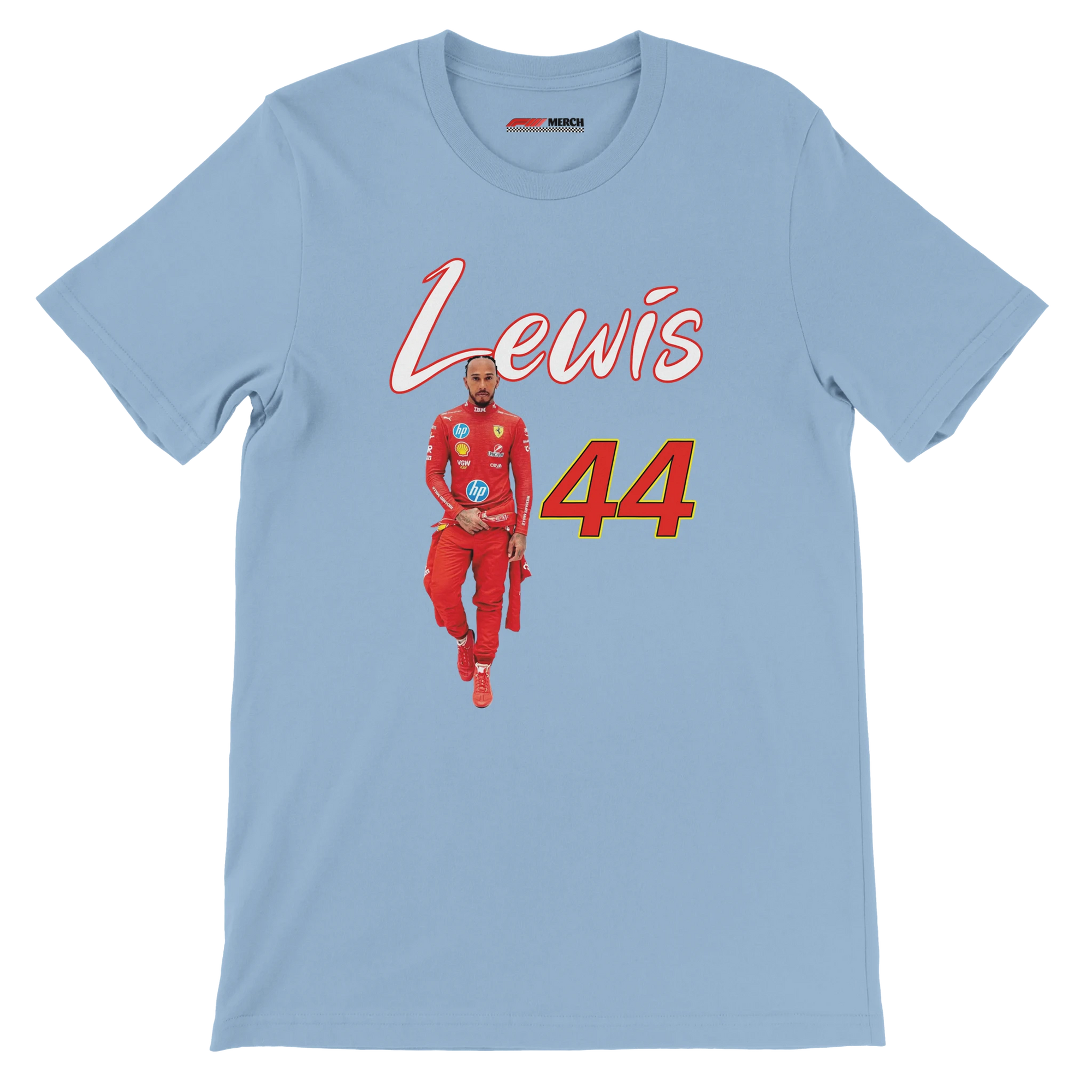 f111 merch light-blue color t-shirt1 with lewis-hamilton branding.