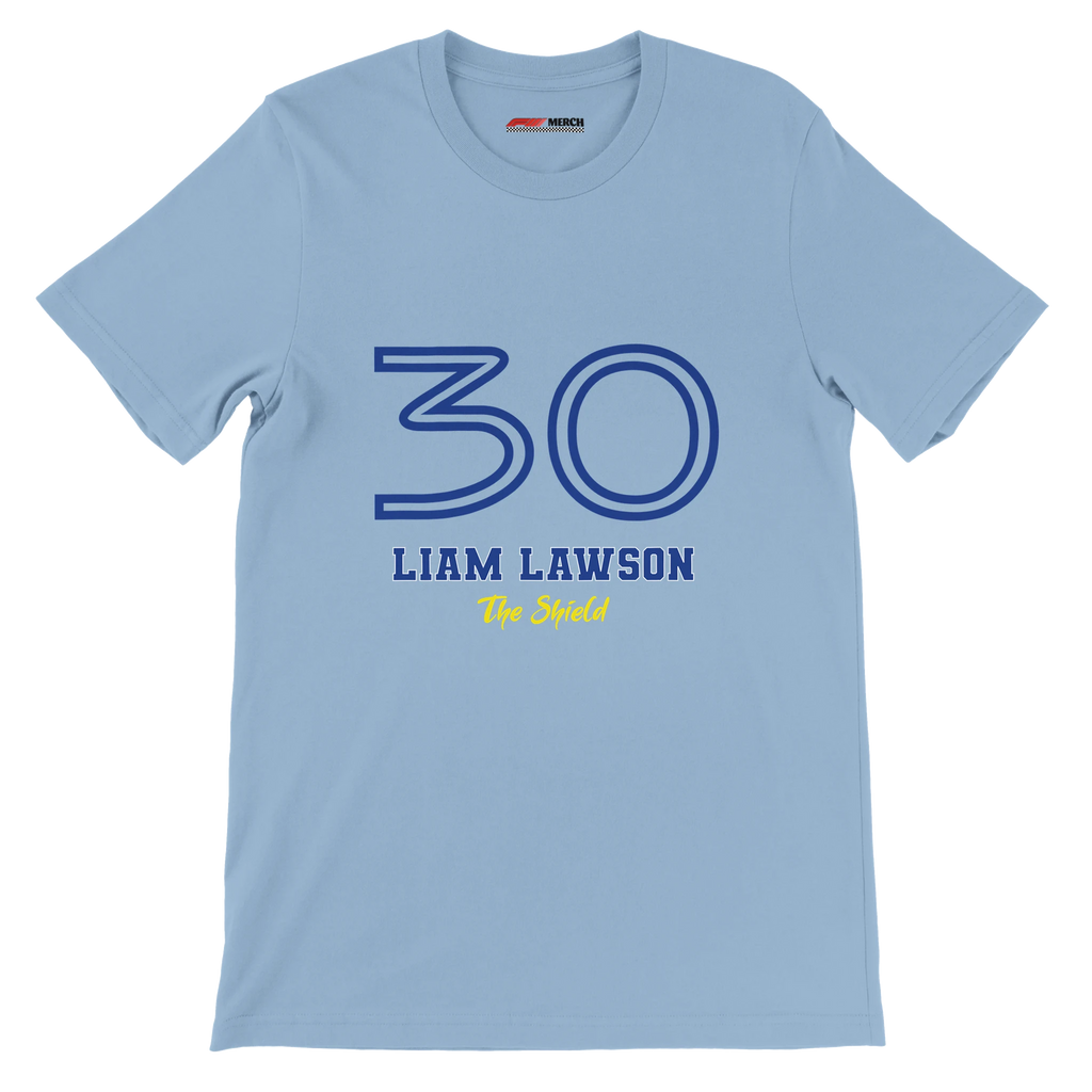 f111 merch light-blue color t-shirt1 with liam-lawson branding.