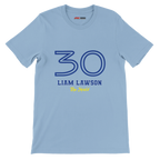 f111 merch light-blue color t-shirt1 with liam-lawson branding.