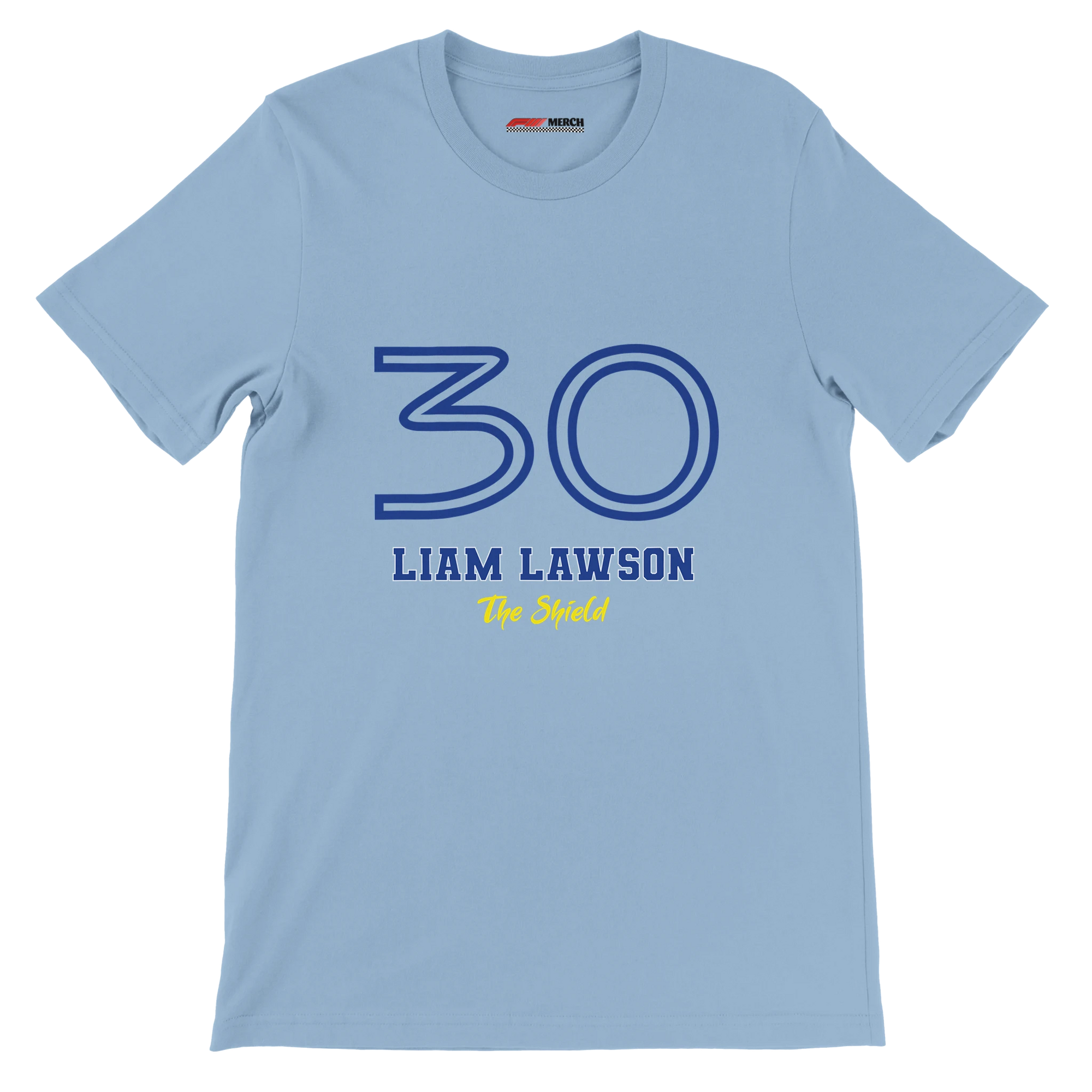 f111 merch light-blue color t-shirt1 with liam-lawson branding.