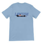 f111 merch light-blue color t-shirt1 with liam-lawson branding.