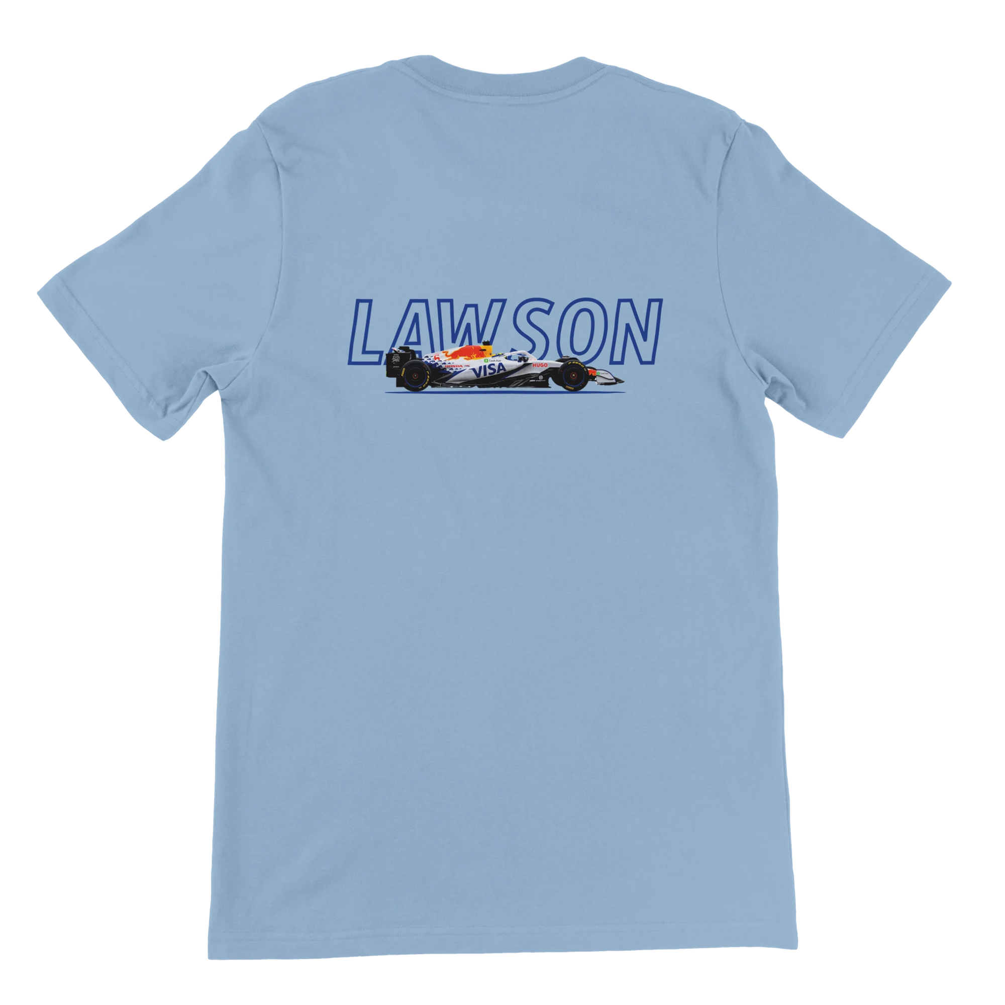 f111 merch light-blue color t-shirt1 with liam-lawson branding.