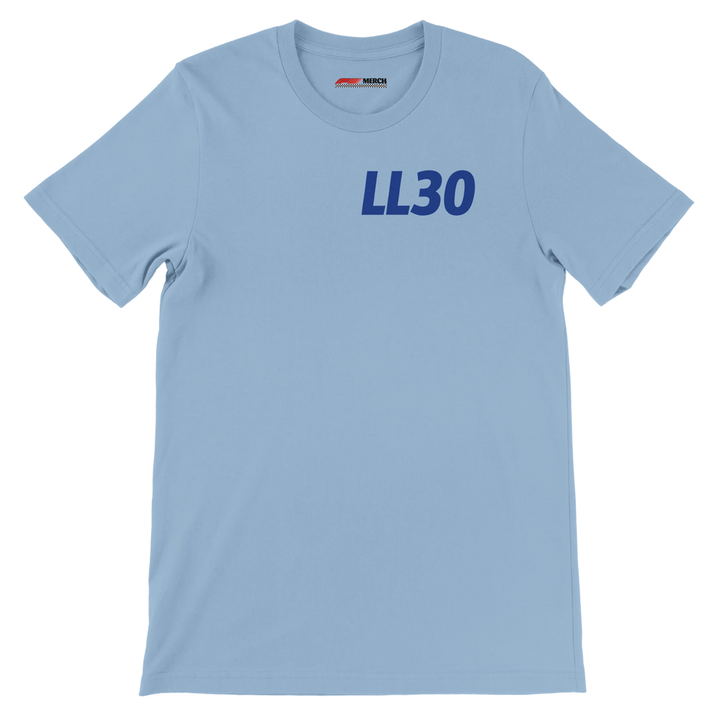 f111 merch light-blue color t-shirt1 with liam-lawson branding.