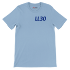 f111 merch light-blue color t-shirt1 with liam-lawson branding.