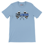 f111 merch light-blue color t-shirt1 with liam-lawson branding.