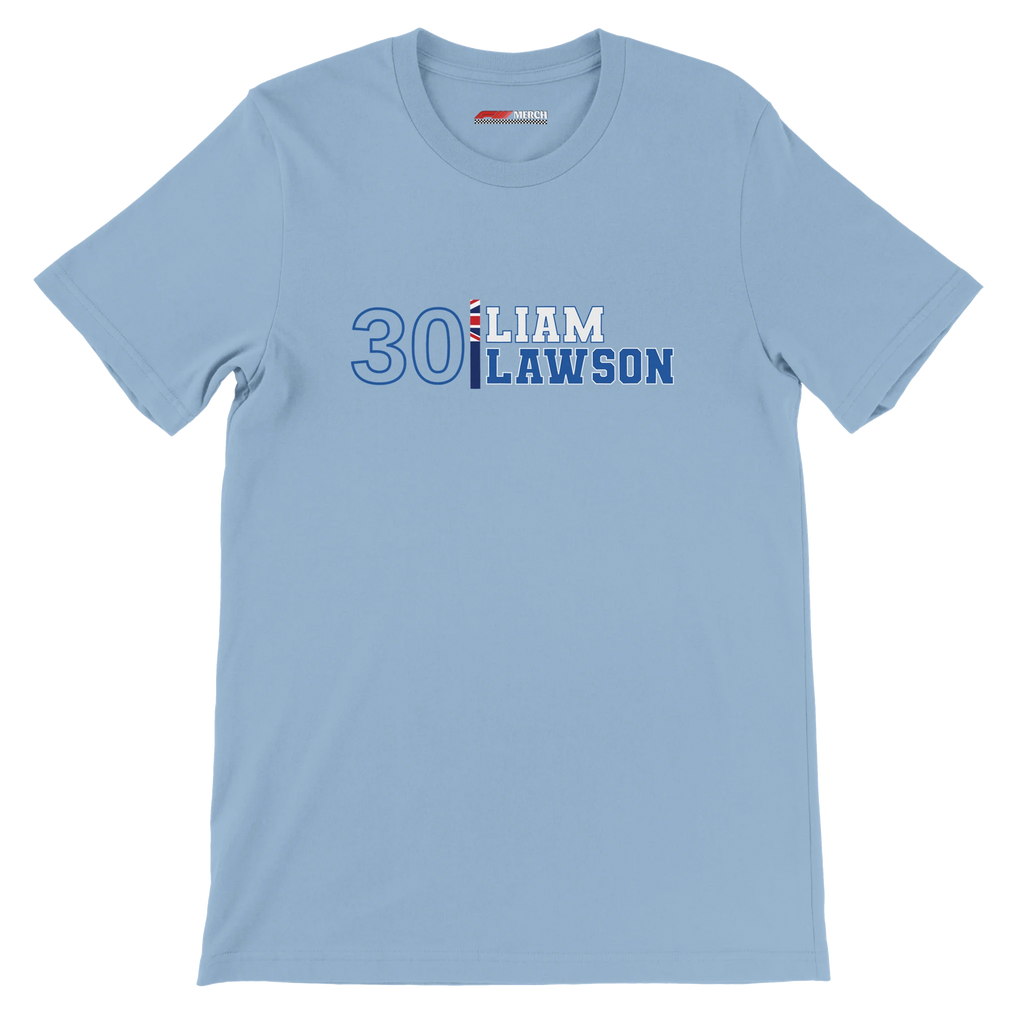 f111 merch light-blue color t-shirt1 with liam-lawson branding.
