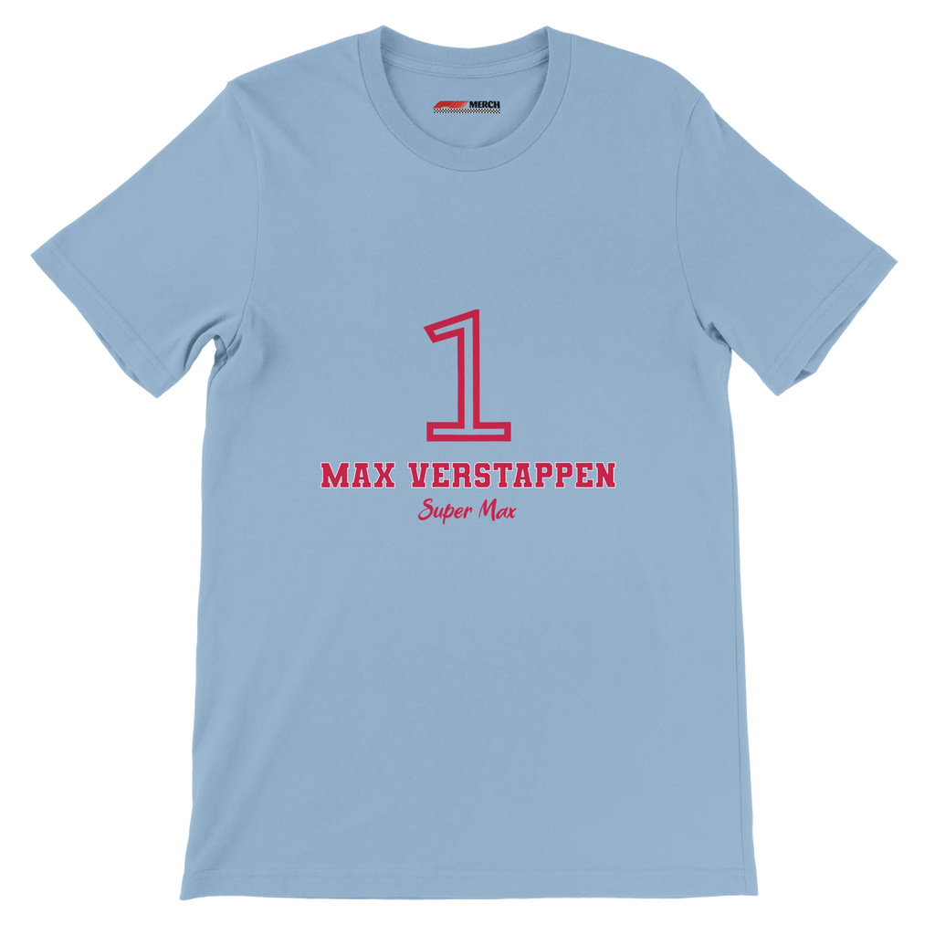 f111 merch light-blue color t-shirt1 with max-verstappen branding.