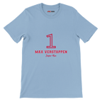 f111 merch light-blue color t-shirt1 with max-verstappen branding.