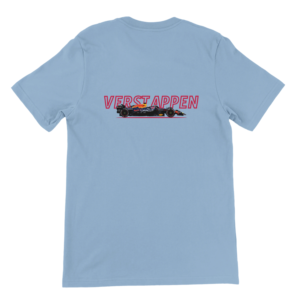 f111 merch light-blue color t-shirt1 with max-verstappen branding.