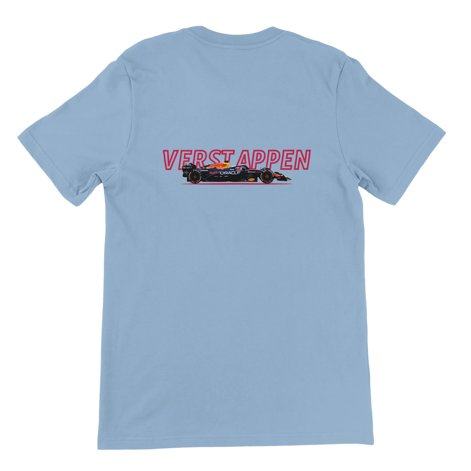 f111 merch light-blue color t-shirt1 with max-verstappen branding.