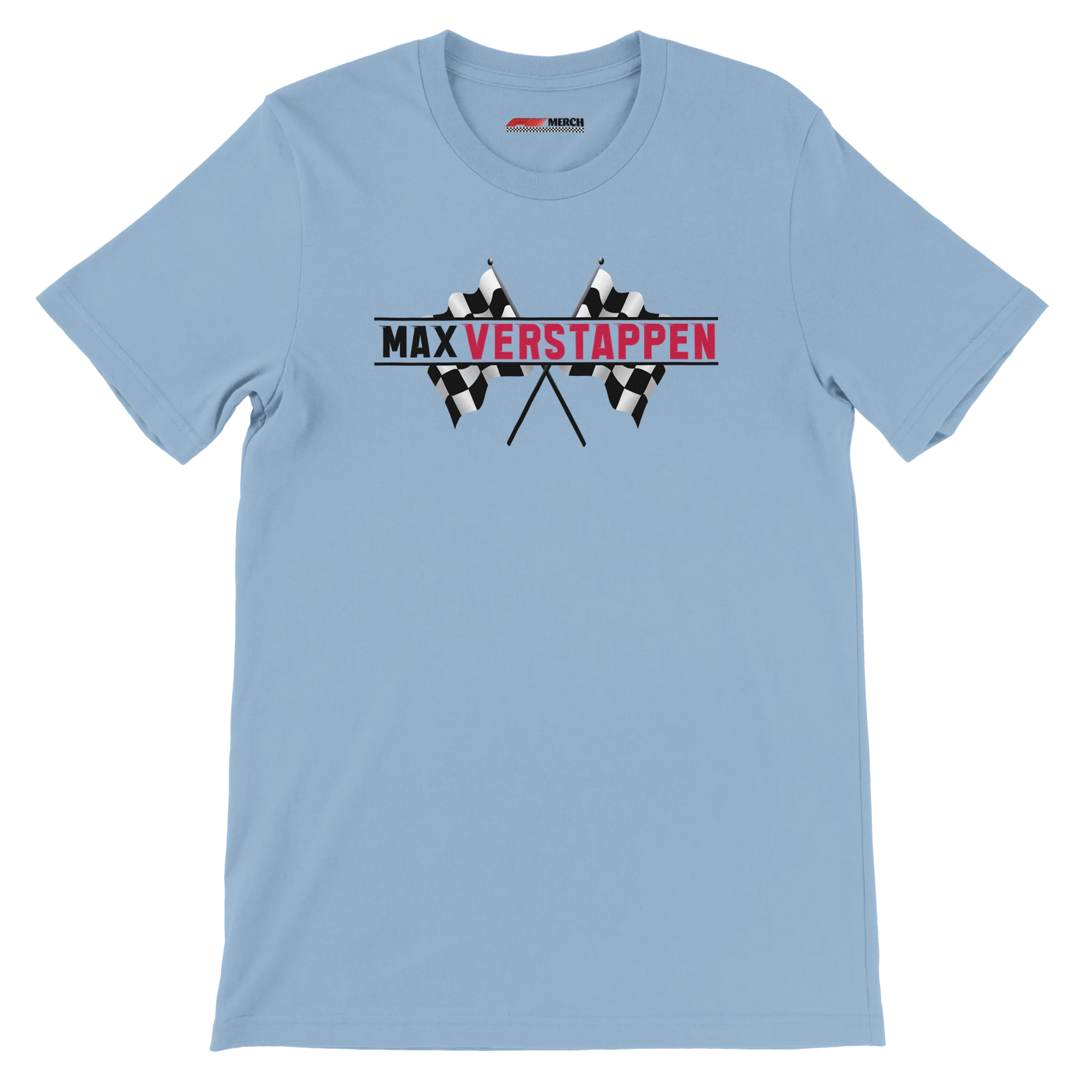 f111 merch light-blue color t-shirt1 with max-verstappen branding.