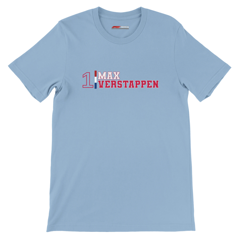 f111 merch light-blue color t-shirt1 with max-verstappen branding.