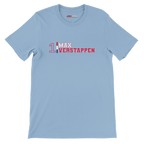 f111 merch light-blue color t-shirt1 with max-verstappen branding.