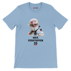 f111 merch light-blue color t-shirt1 with max-verstappen branding.
