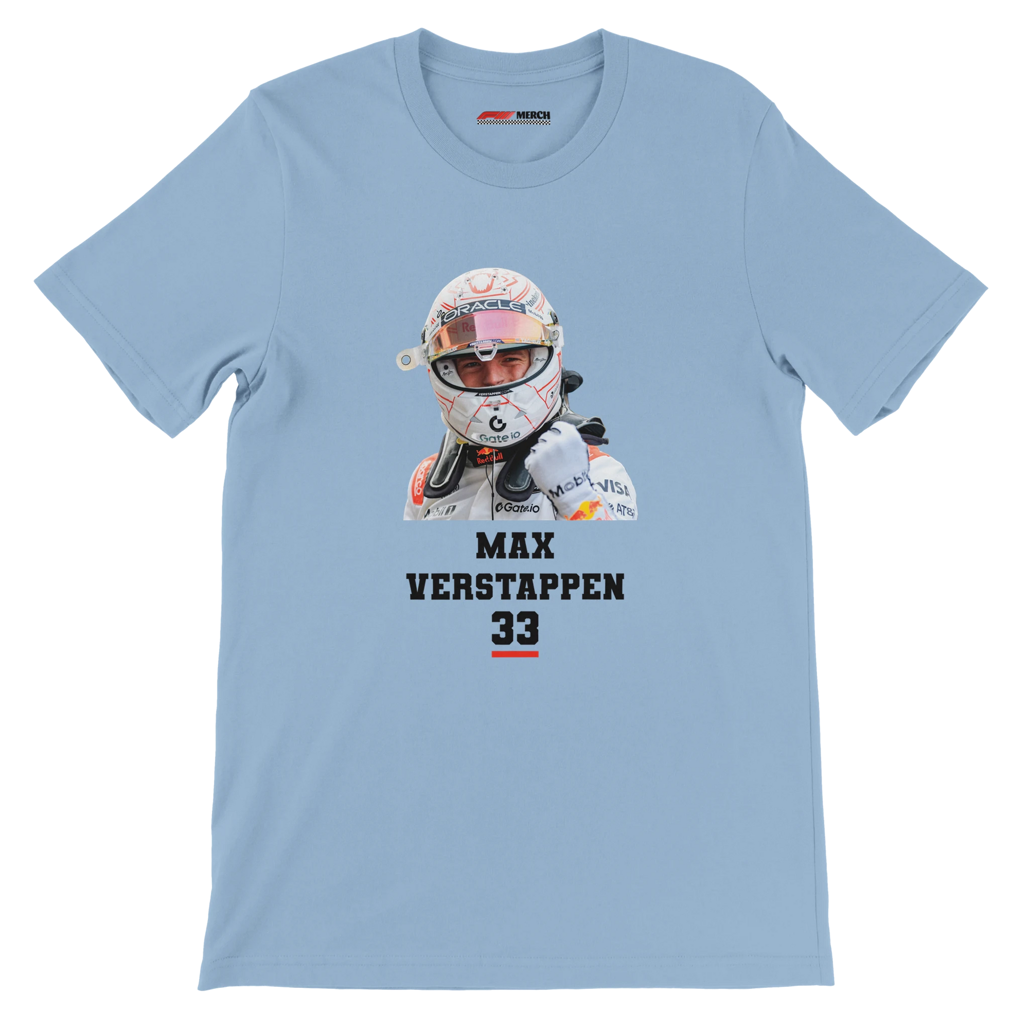 f111 merch light-blue color t-shirt1 with max-verstappen branding.