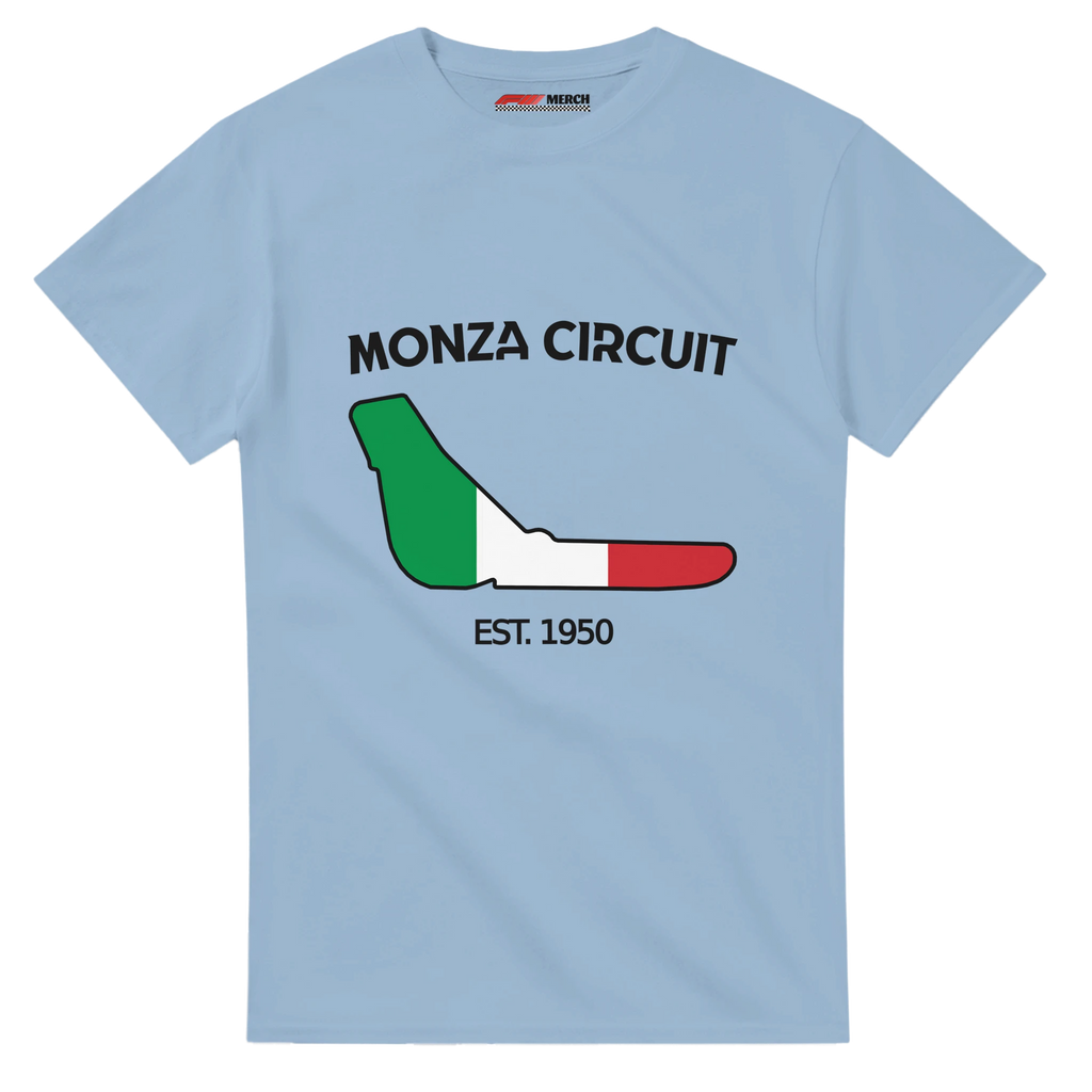 f111 merch light-blue color t-shirt1 with monza-circuit branding.