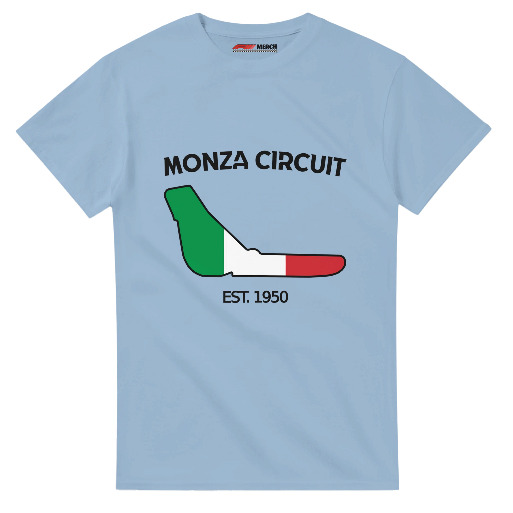 f111 merch light-blue color t-shirt1 with monza-circuit branding.