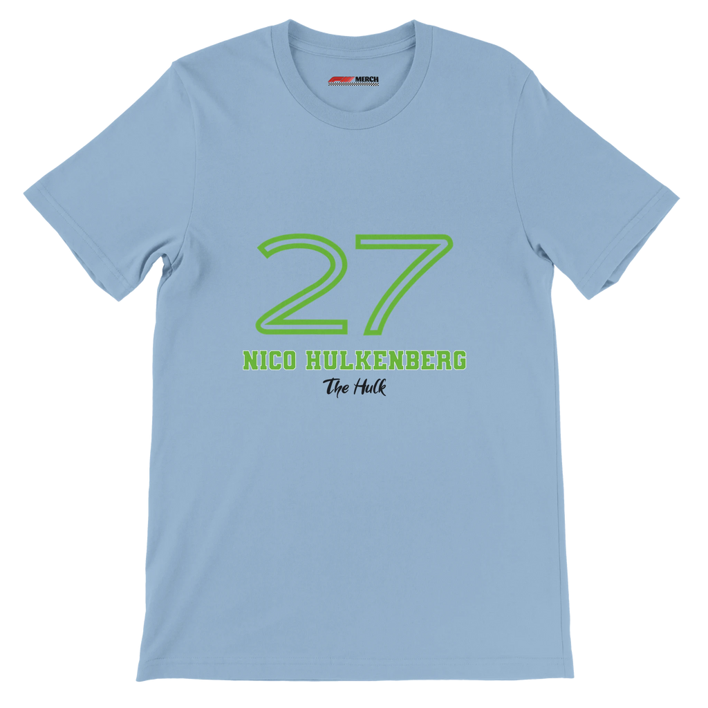 f111 merch light-blue color t-shirt1 with nico-hulkenberg branding.