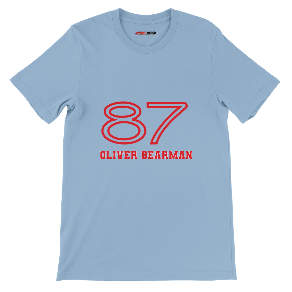 f111 merch light-blue color t-shirt1 with oliver-bearman branding.