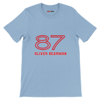 f111 merch light-blue color t-shirt1 with oliver-bearman branding.