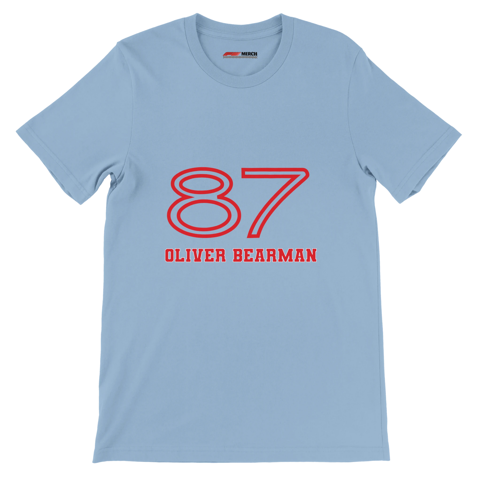 f111 merch light-blue color t-shirt1 with oliver-bearman branding.