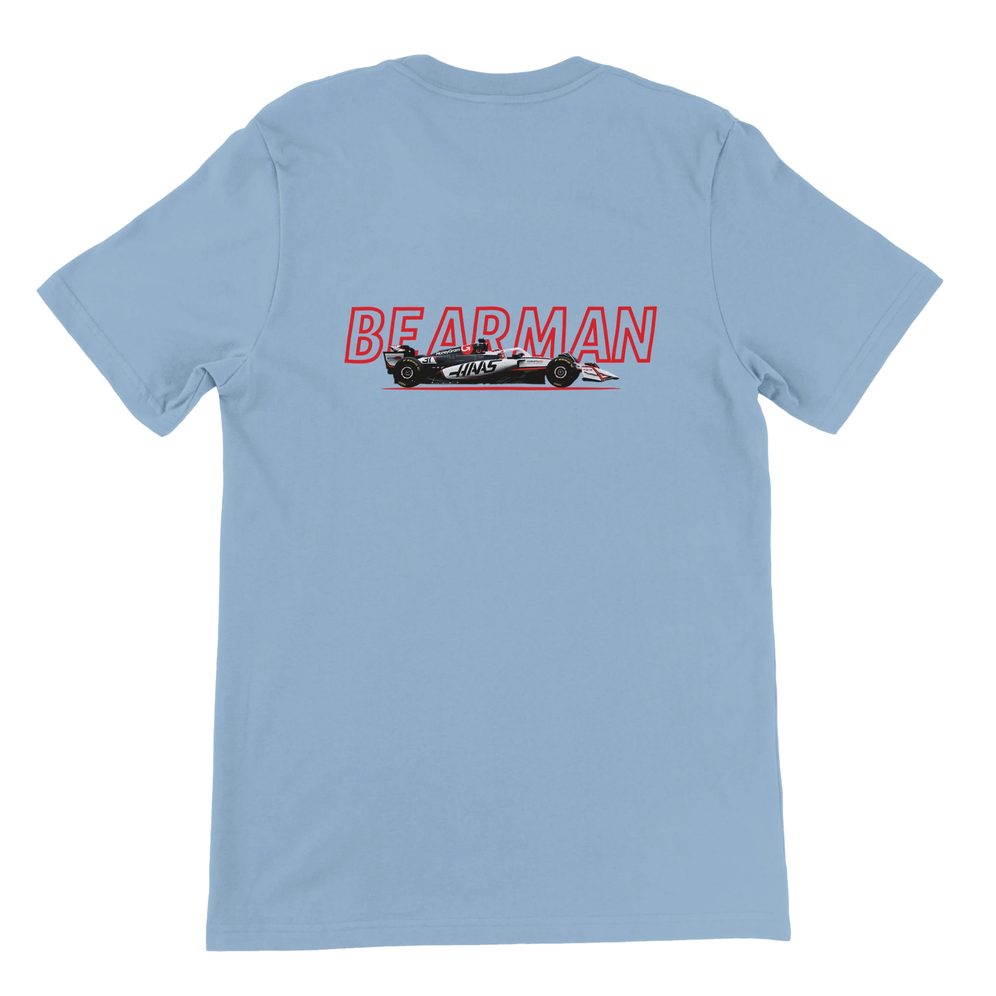 f111 merch light-blue color t-shirt1 with oliver-bearman branding.
