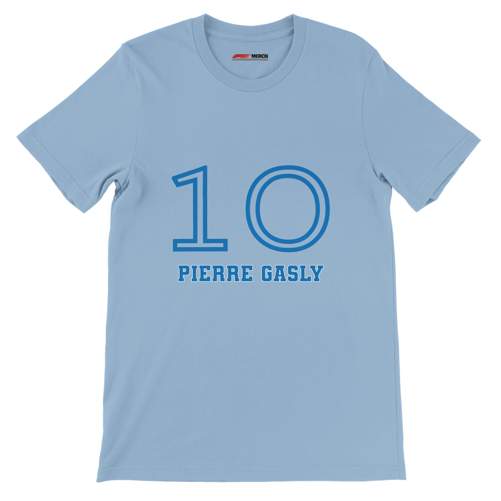 f111 merch light-blue color t-shirt1 with pierre-gasly branding.