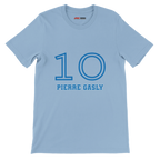 f111 merch light-blue color t-shirt1 with pierre-gasly branding.