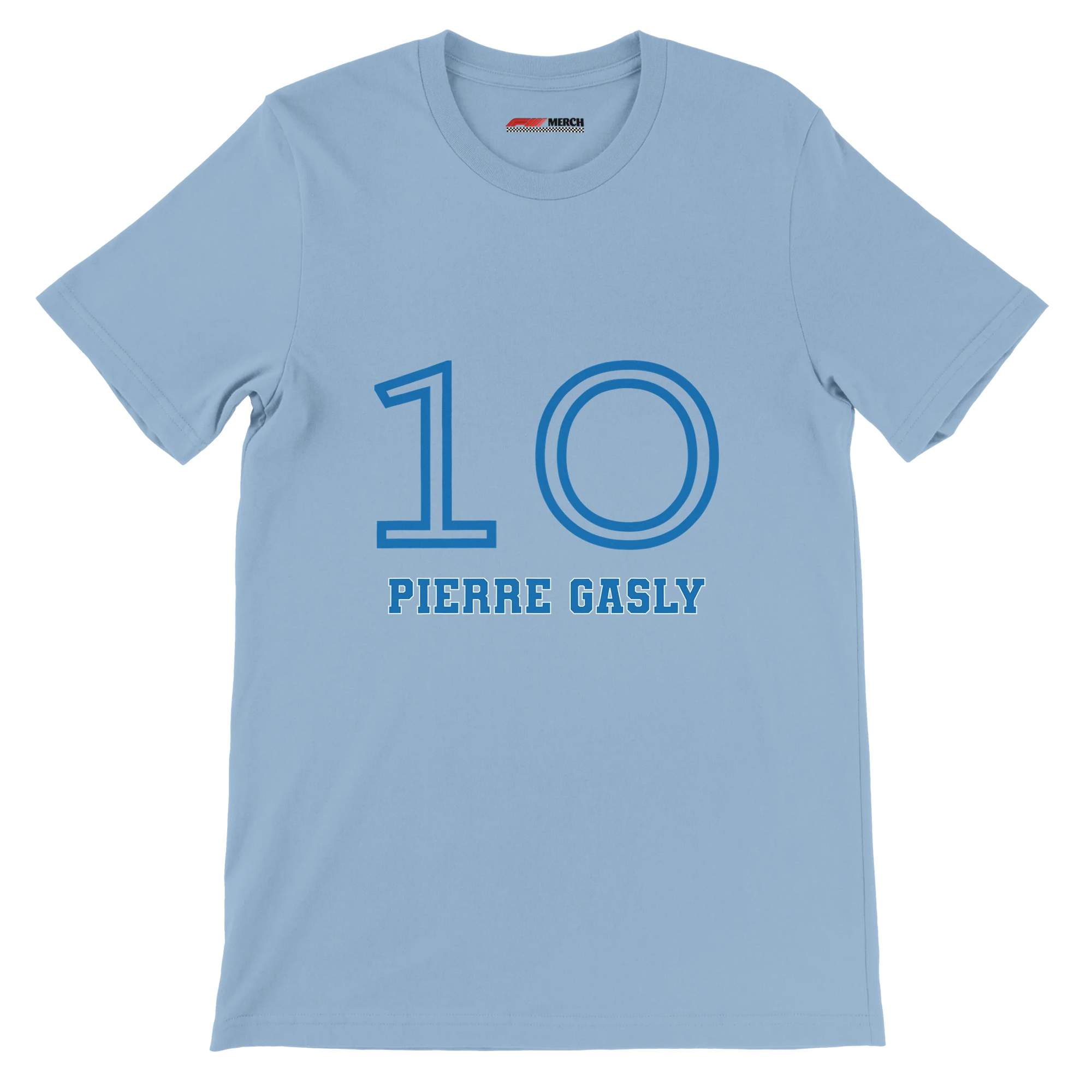 f111 merch light-blue color t-shirt1 with pierre-gasly branding.