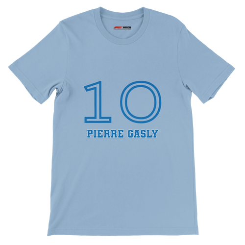 f111 merch light-blue color t-shirt1 with pierre-gasly branding.