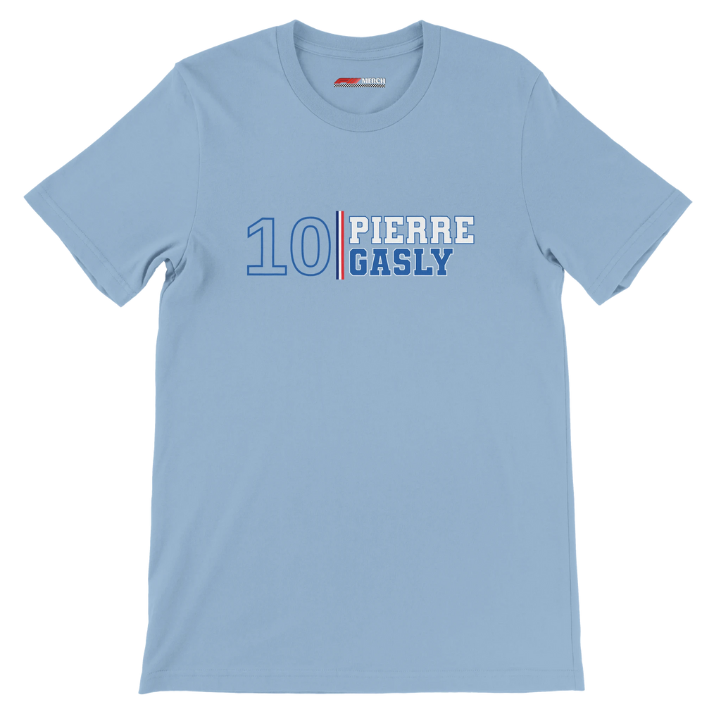 f111 merch light-blue color t-shirt1 with pierre-gasly branding.