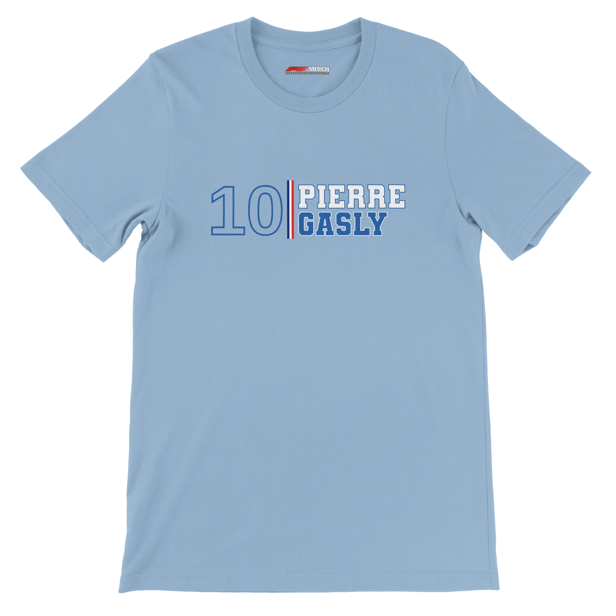 f111 merch light-blue color t-shirt1 with pierre-gasly branding.