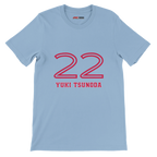 f111 merch light-blue color t-shirt1 with yuki-tsunoda branding.