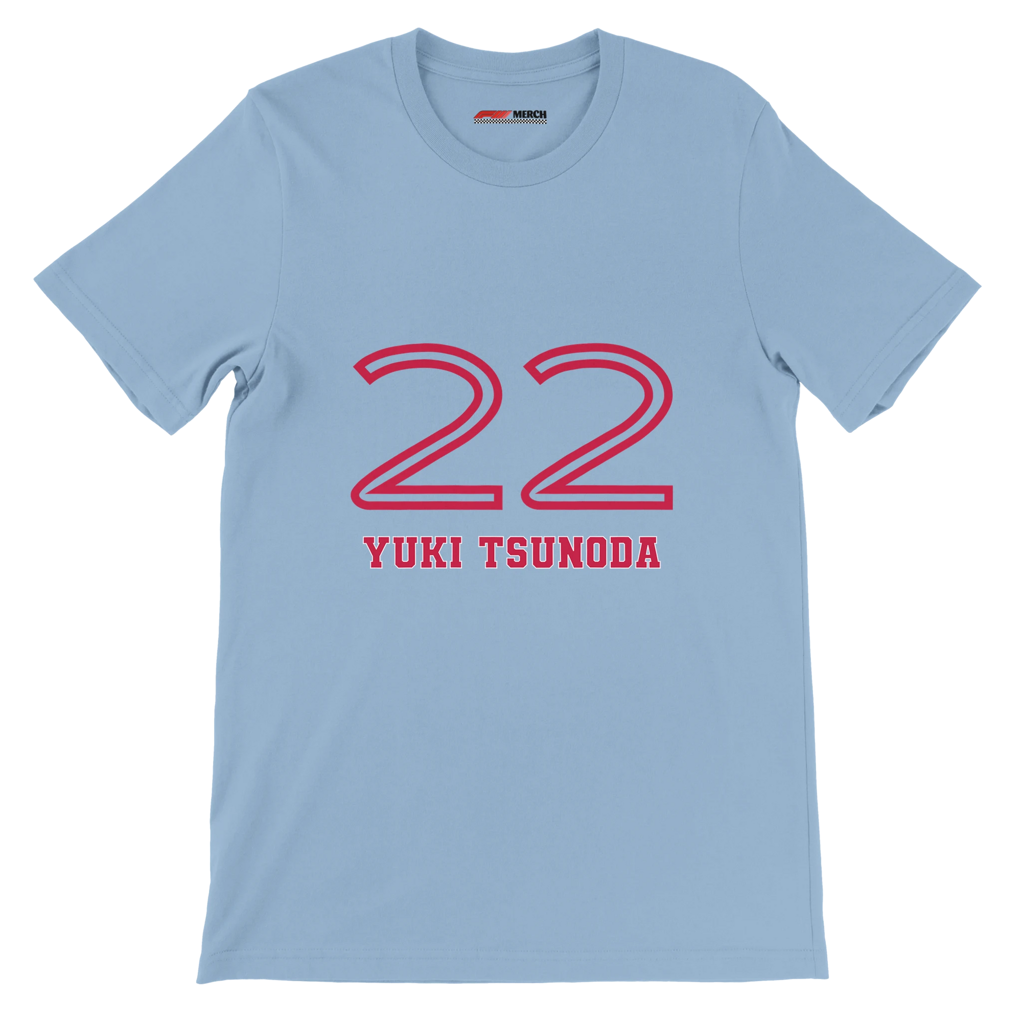f111 merch light-blue color t-shirt1 with yuki-tsunoda branding.