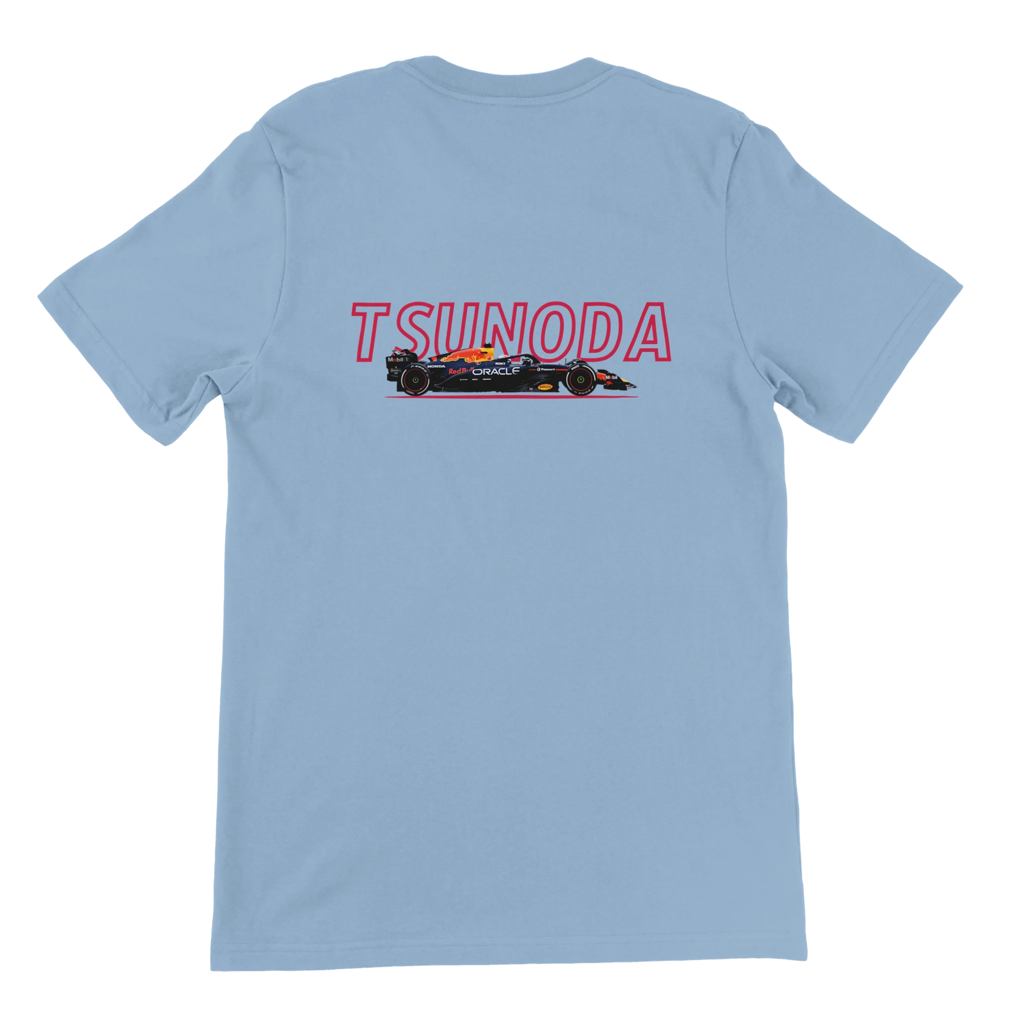 f111 merch light-blue color t-shirt1 with yuki-tsunoda branding.