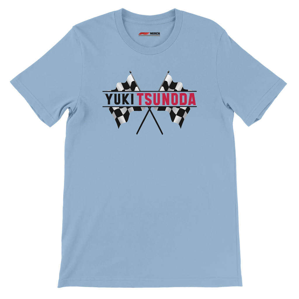 f111 merch light-blue color t-shirt1 with yuki-tsunoda branding.