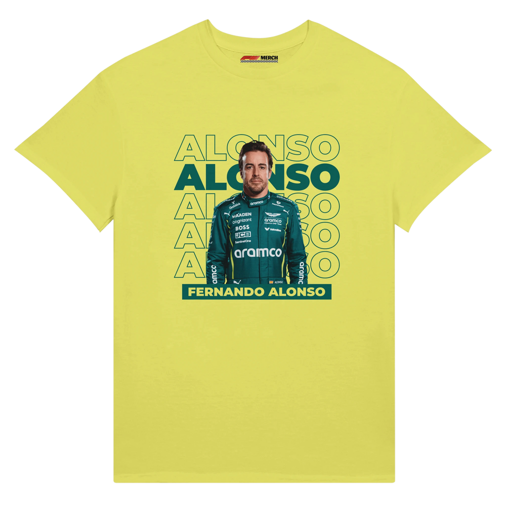 f111 merch mustard-yellow color t-shirt1 with fernando-alonso branding.