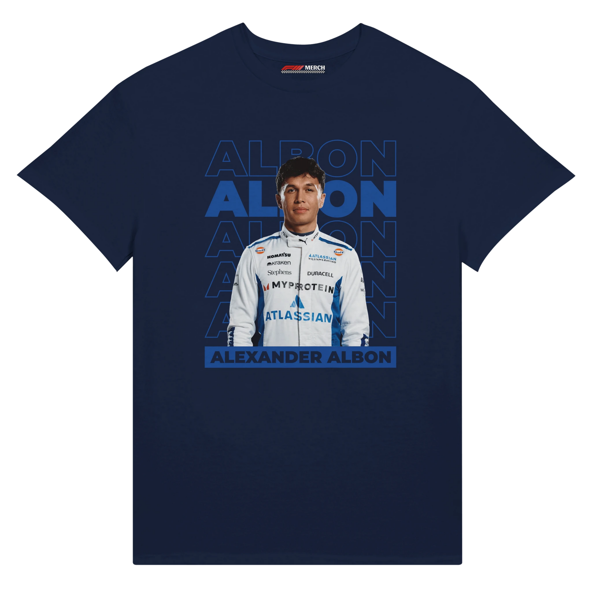 f111 merch navy color t-shirt1 with alex-albon branding.