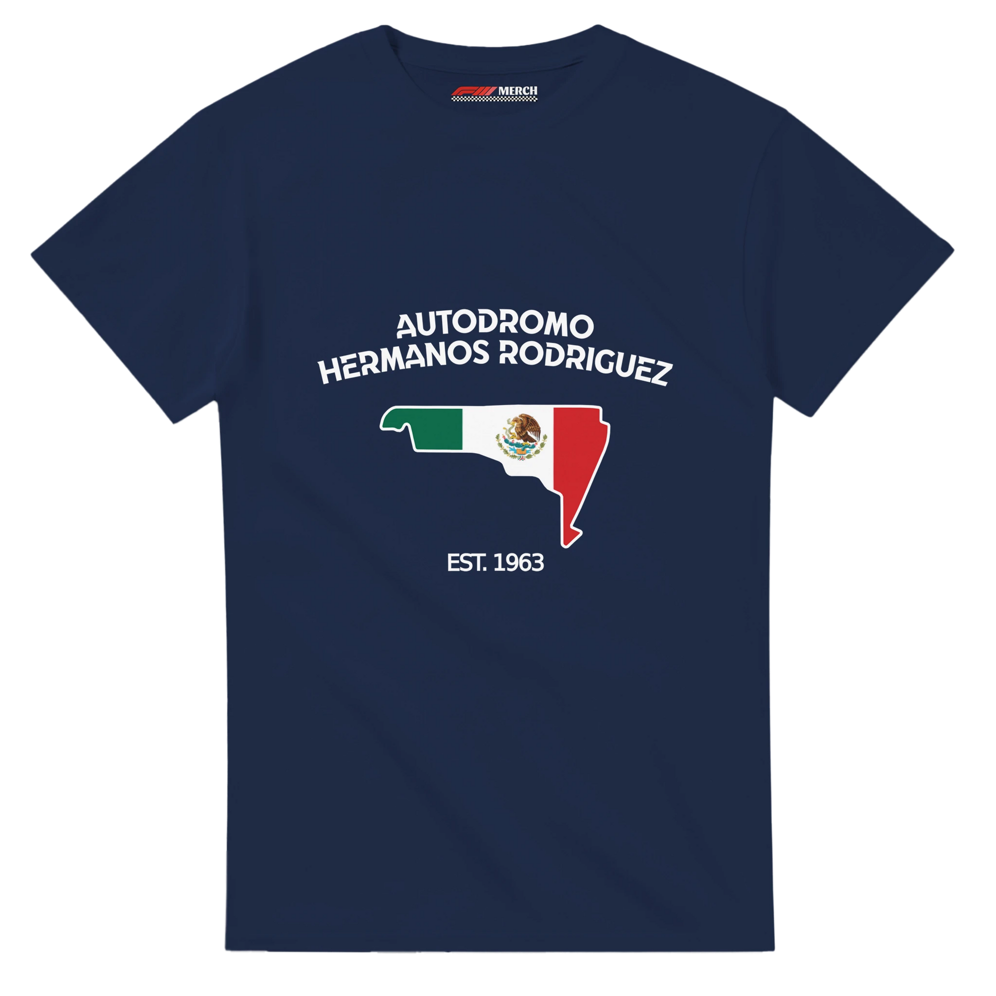 f111 merch navy color t-shirt1 with autodromo-hermanos-rodriguez branding.