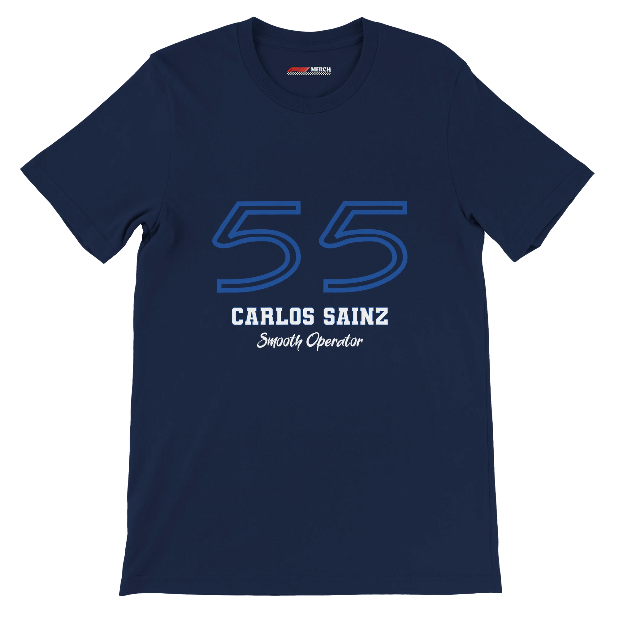 f111 merch navy color t-shirt1 with carlos-sainz branding.