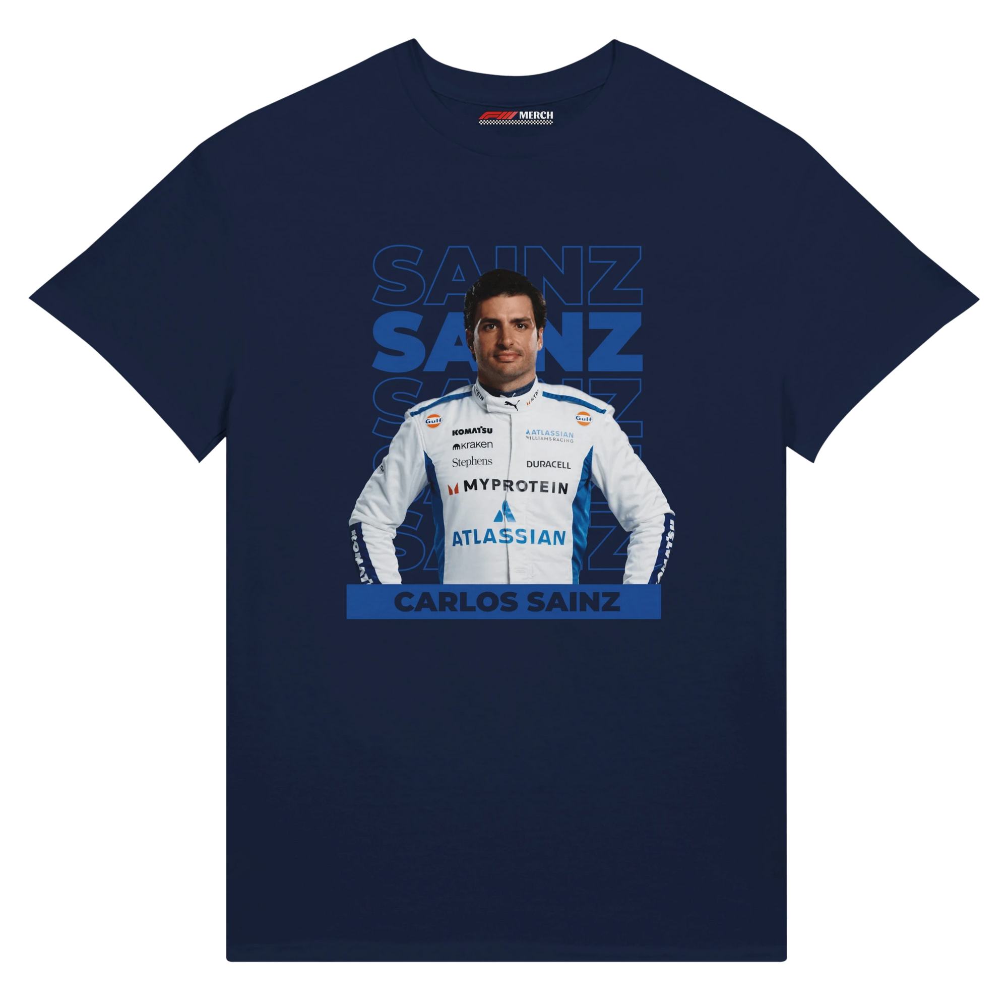 f111 merch navy color t-shirt1 with carlos-sainz branding.