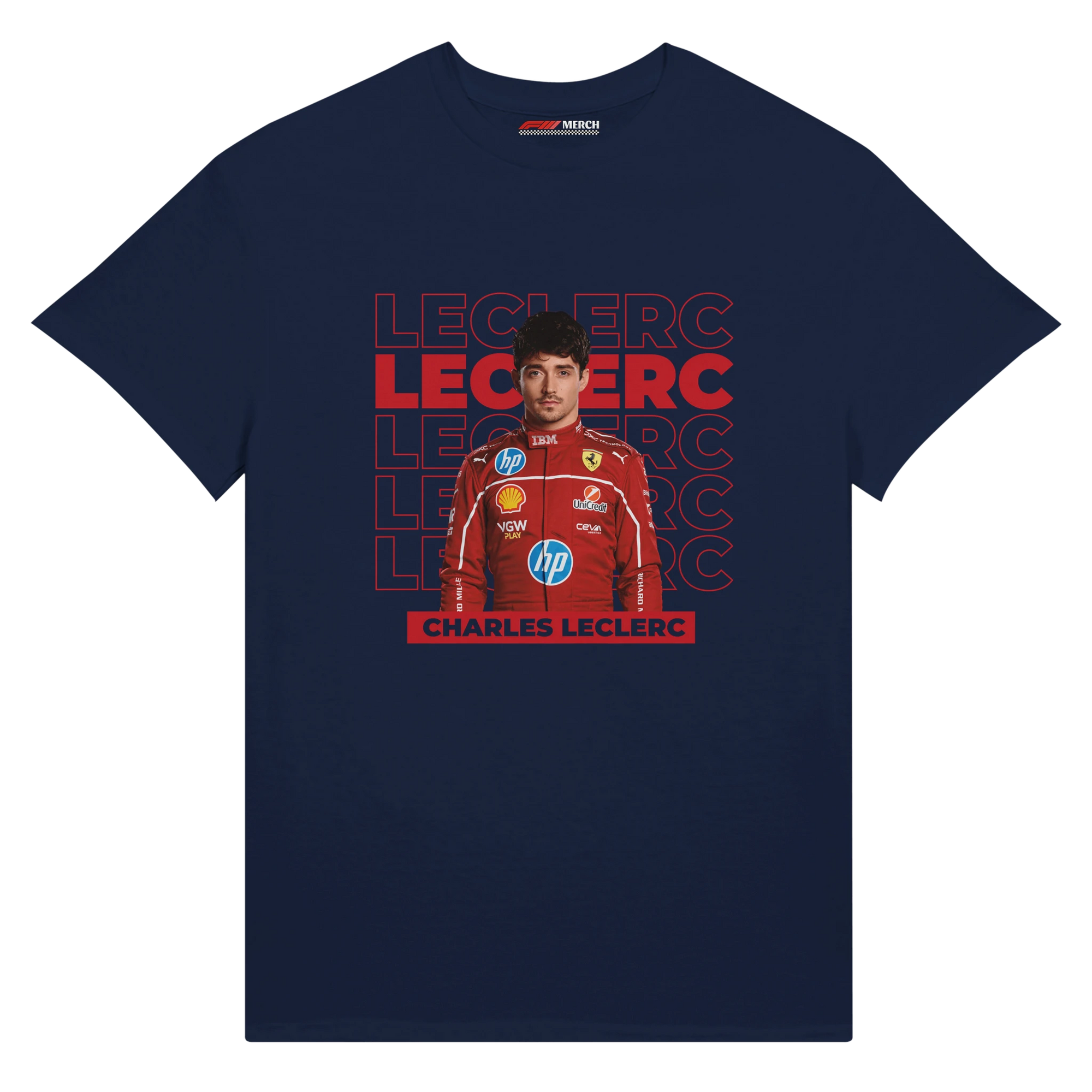 f111 merch navy color t-shirt1 with charles-leclerc branding.