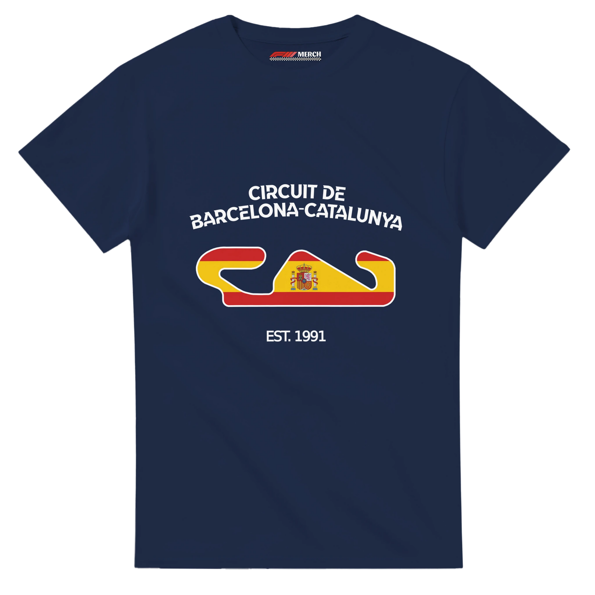 f111 merch navy color t-shirt1 with circuit-de-barcelona-catalunya branding.