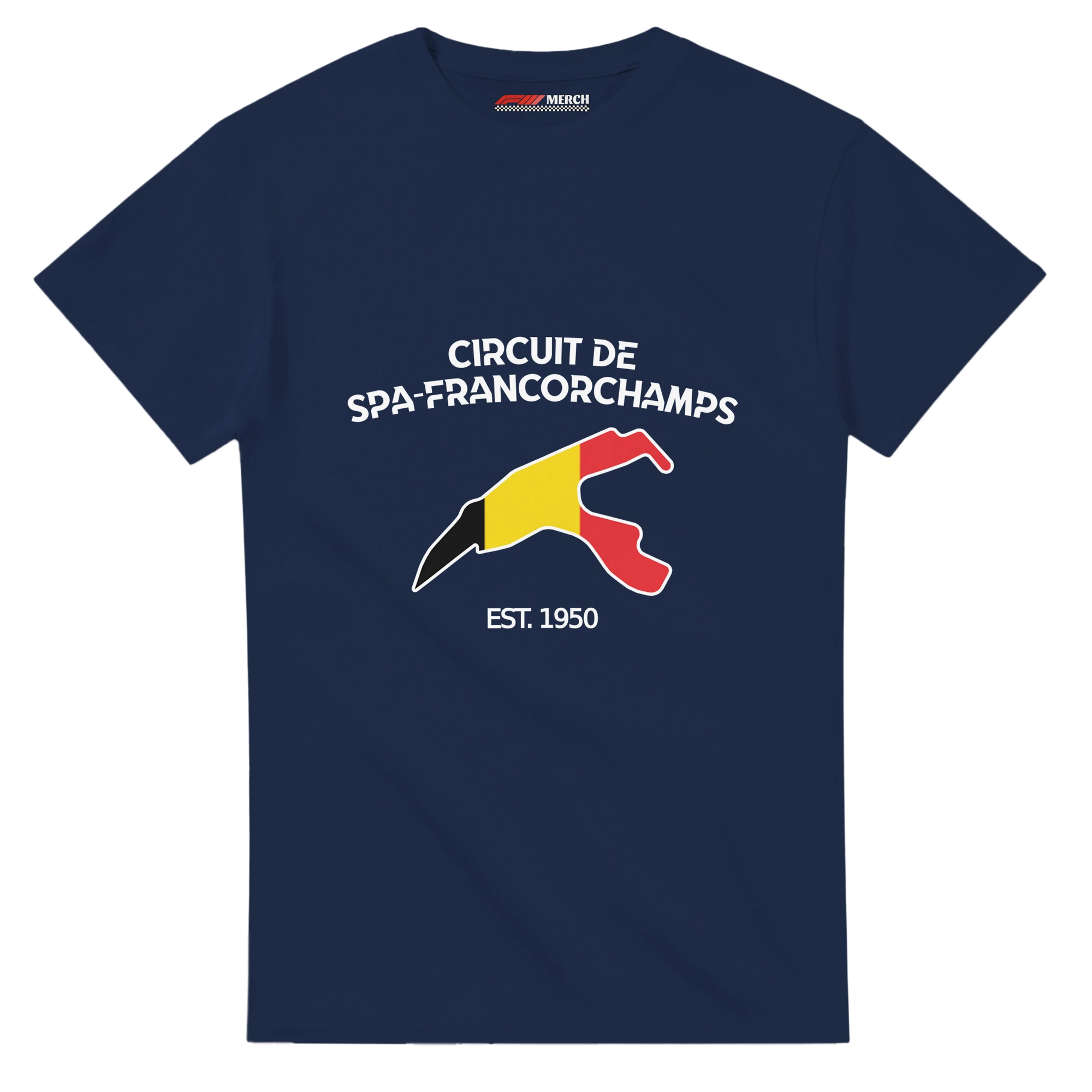 f111 merch navy color t-shirt1 with circuit-de-spa-francorchamps branding.