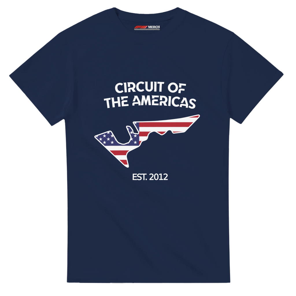 f111 merch navy color t-shirt1 with circuit-of-the-americas branding.